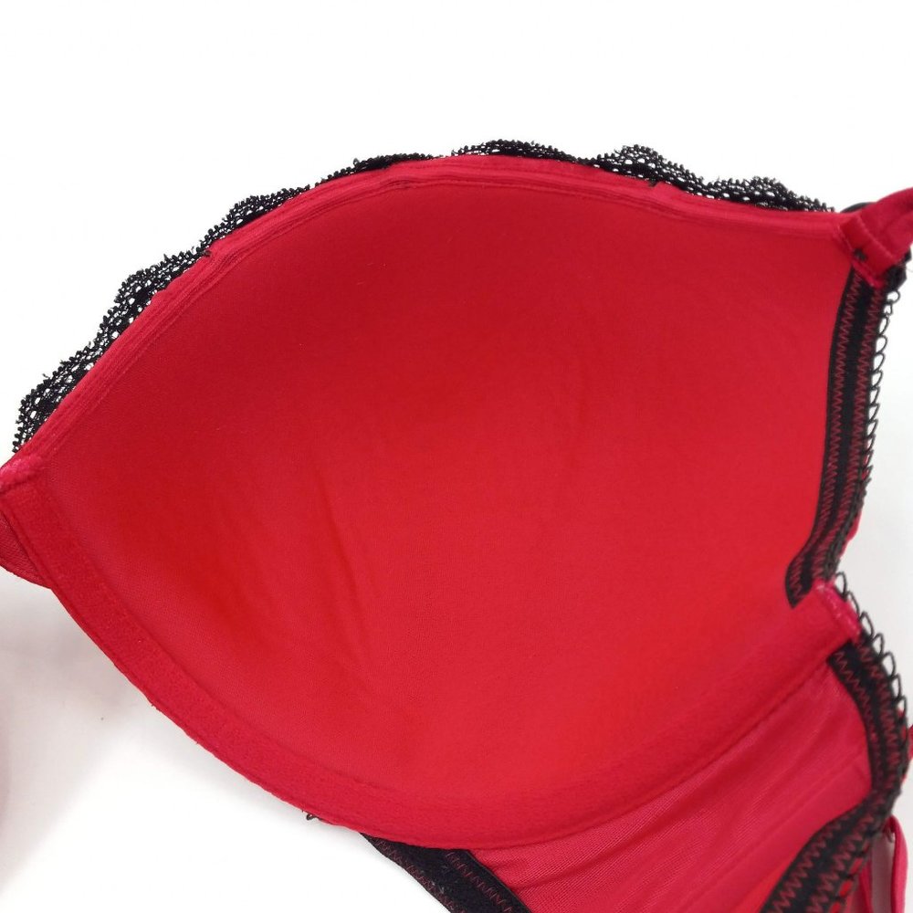 Cacique Red & Black Floral Embossed Lace Trim Bra Padded Underwire Sexy 40DD - Picture 9 of 12